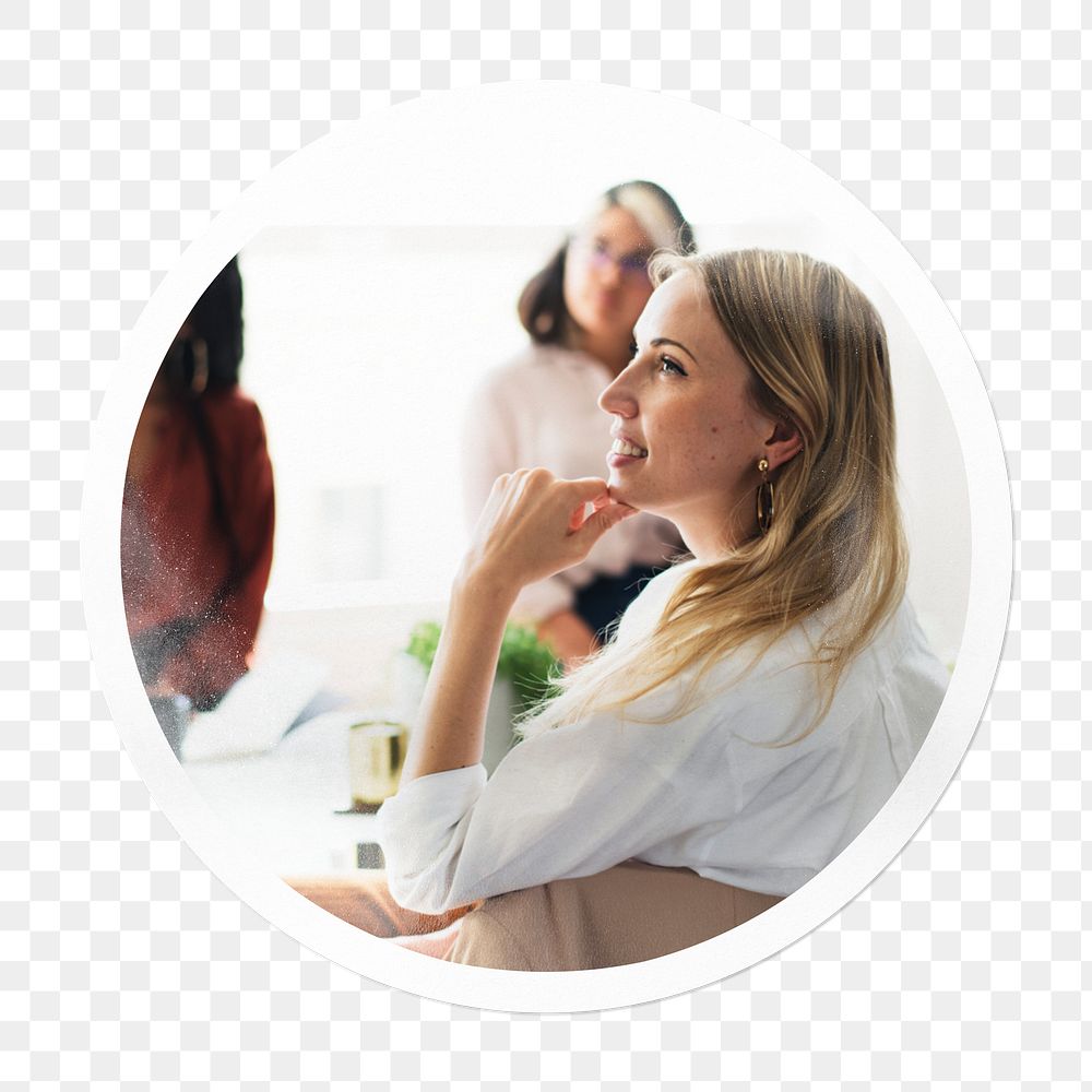 Png businesswoman smiling in meeting, circle frame, transparent background