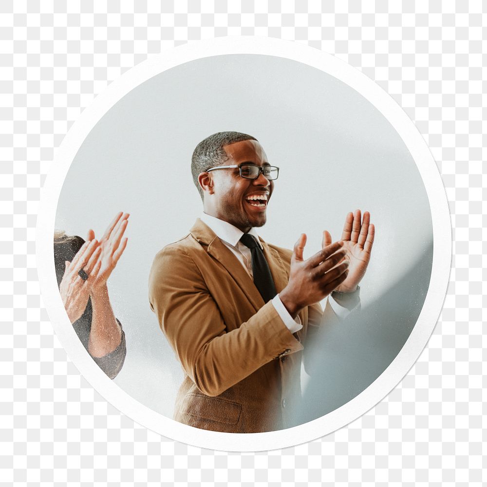 Png black businessman clapping sticker, circle frame, transparent background