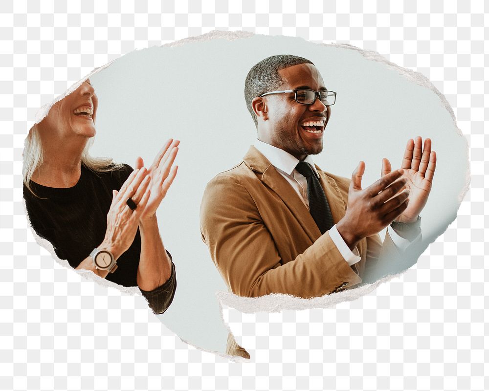 Png black businessman clapping sticker, ripped paper speech bubble, transparent background