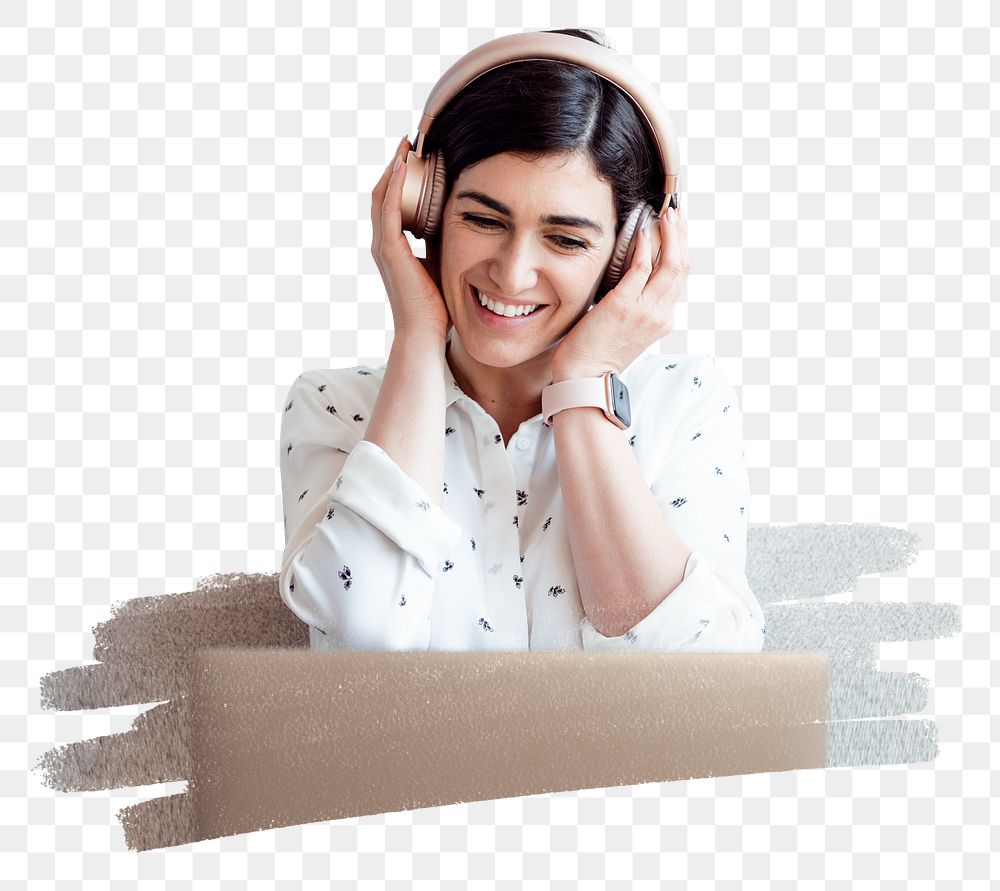 Woman png listening to music sticker, transparent background