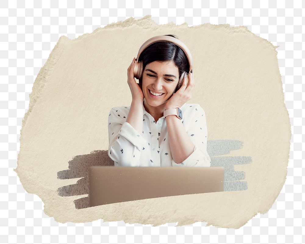 Woman png listening to music sticker, ripped paper, transparent background