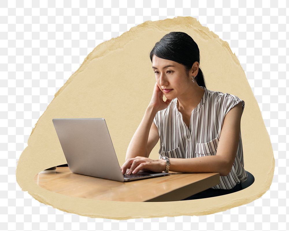 Woman working png on laptop sticker, ripped paper, transparent background