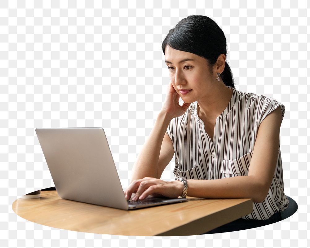 Woman working png on laptop sticker, transparent background