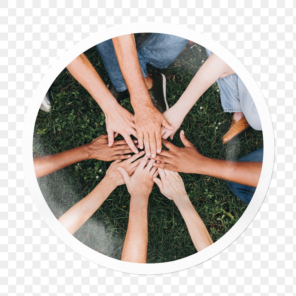 Png diverse teamwork hands in circle frame, community image, transparent background