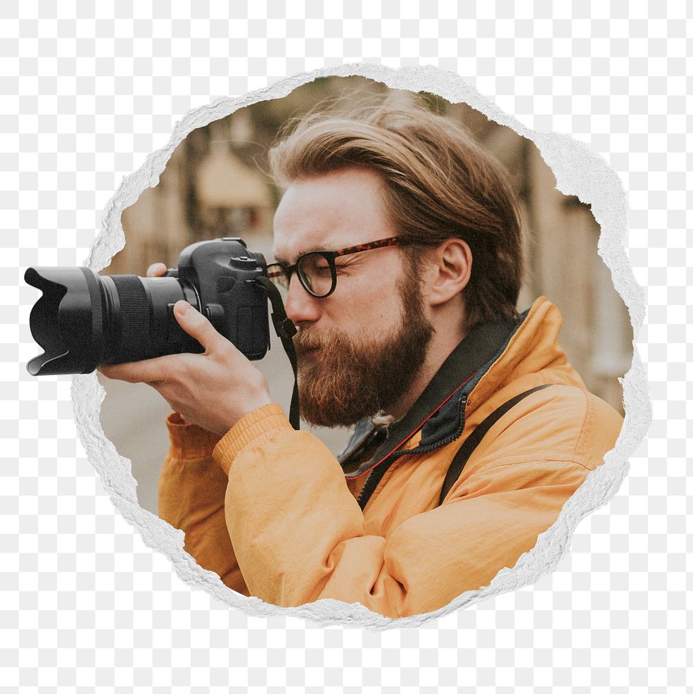 Cameraman png sticker, photographer photo in ripped paper badge, transparent background
