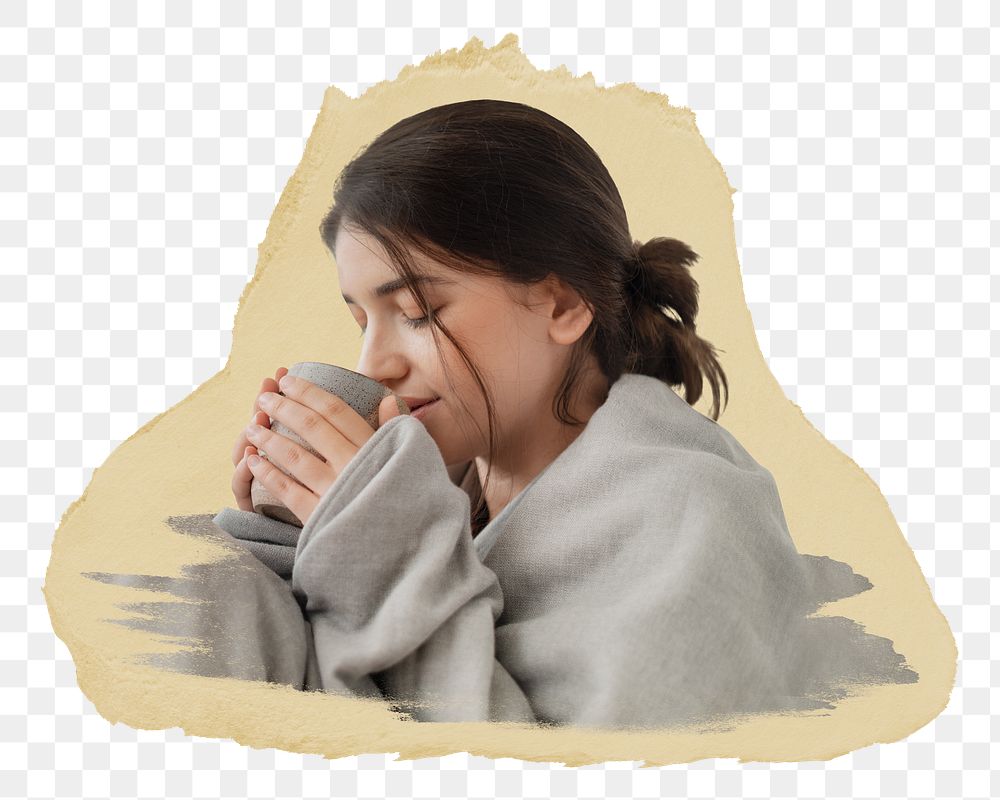 Cozy woman png drinking hot tea sticker, ripped paper, transparent background