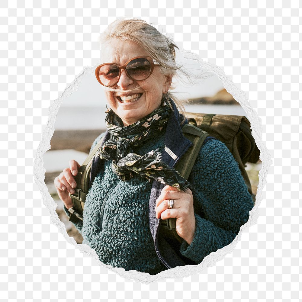 Retired woman png backpacker sticker, travel photo in ripped paper badge, transparent background