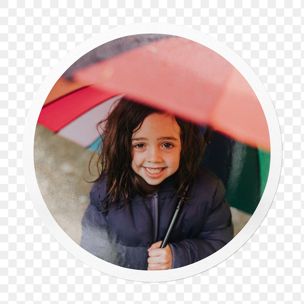 Png Little girl holding an umbrella sticker, circle frame, transparent background