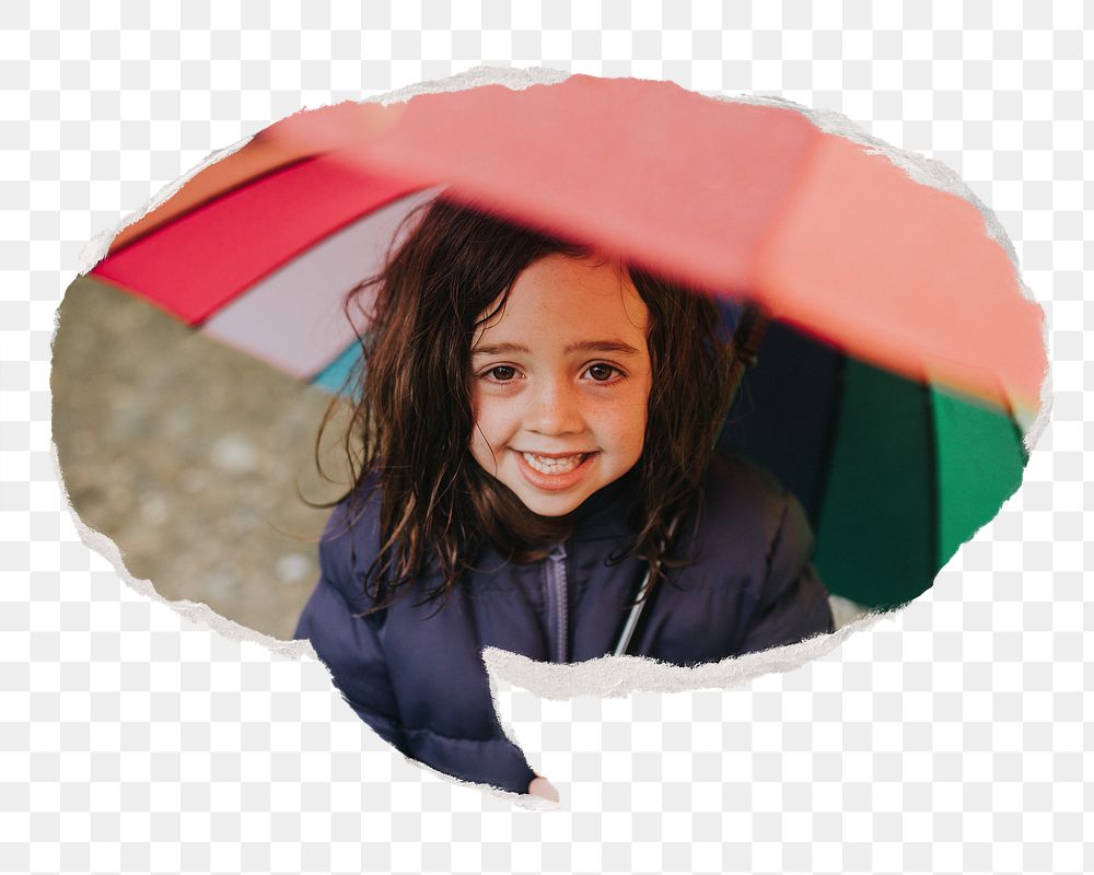 Png Little girl holding umbrella sticker, ripped paper speech bubble, transparent background