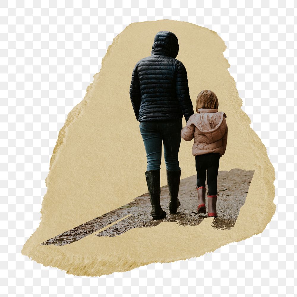 Mother walking kid png sticker, ripped paper, transparent background