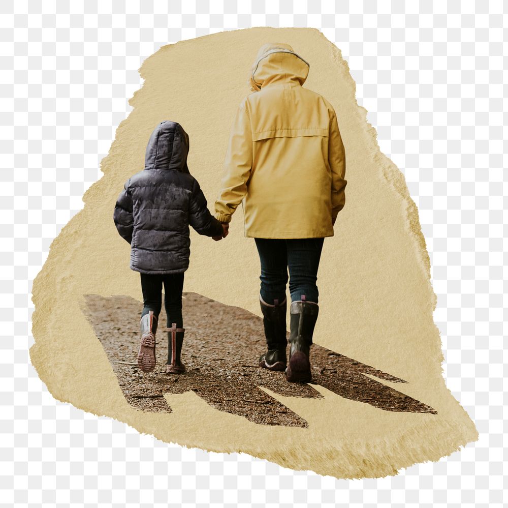 Mother walking kid png sticker, ripped paper, transparent background