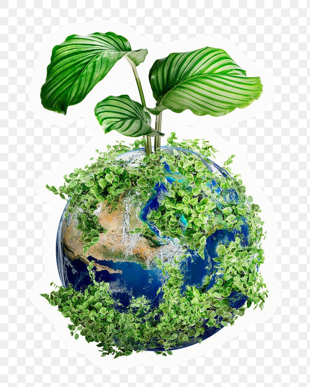 Png tree growing on globe sticker, save the earth, transparent background