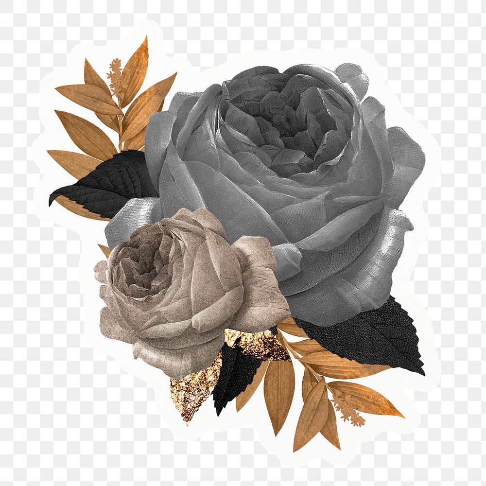 Aesthetic roses png sticker, black & gold, transparent background