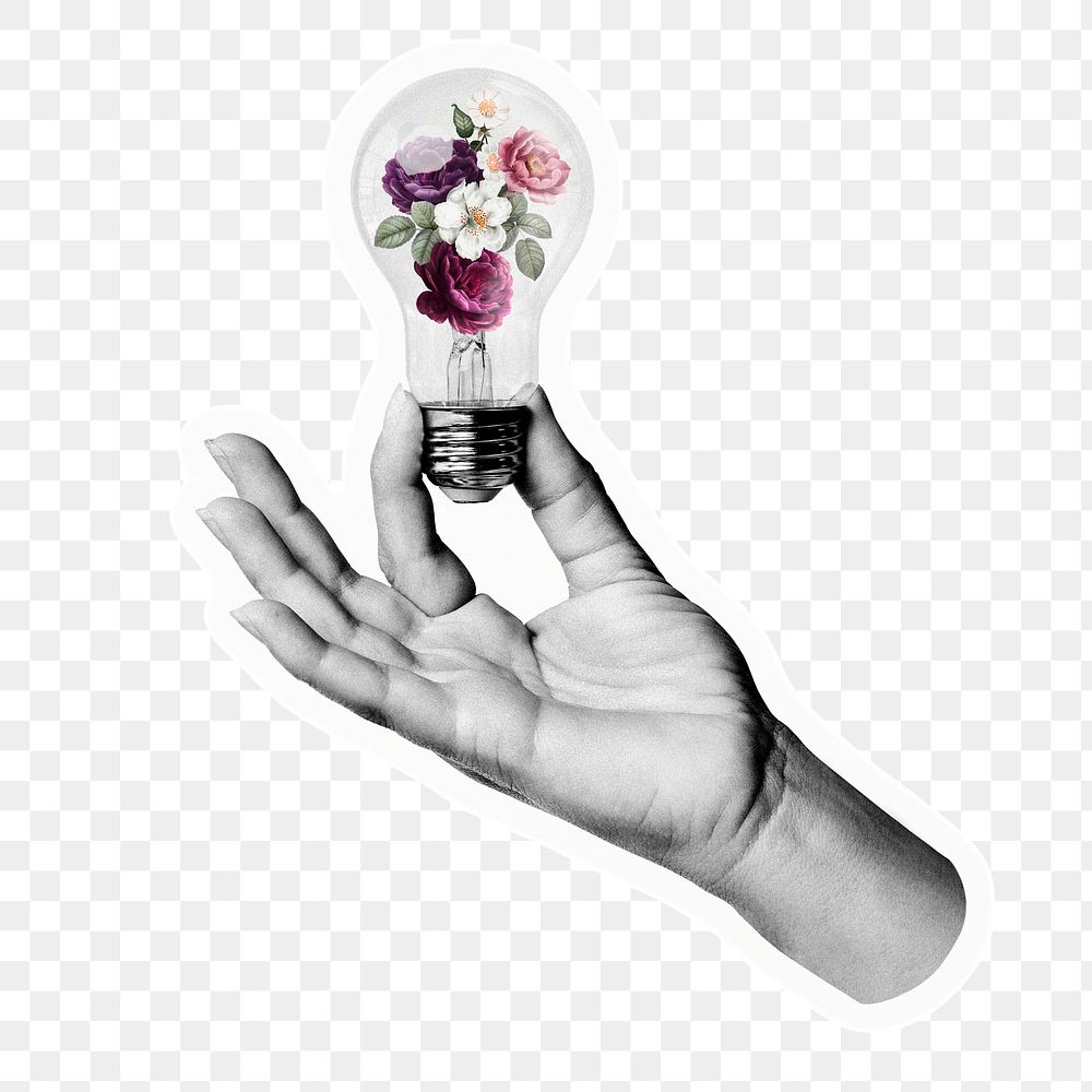Png hand holding flower light bulb sticker, aesthetic design, transparent background