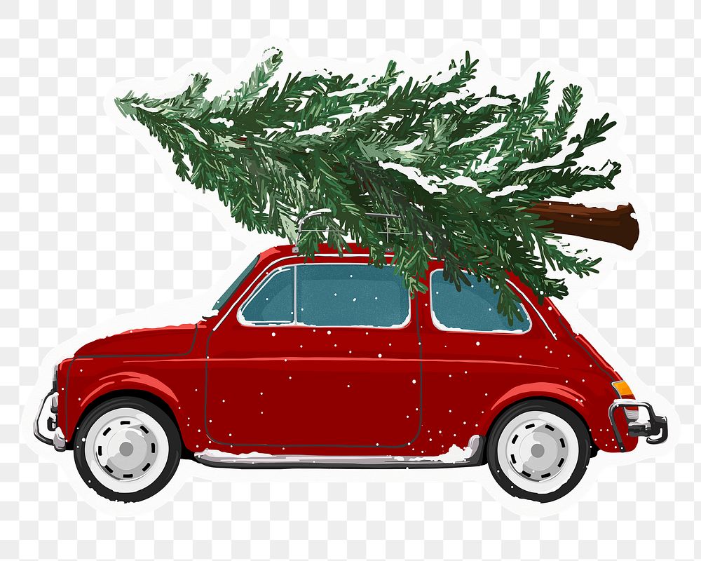 Christmas car png sticker, tree hauling on roof, transparent background