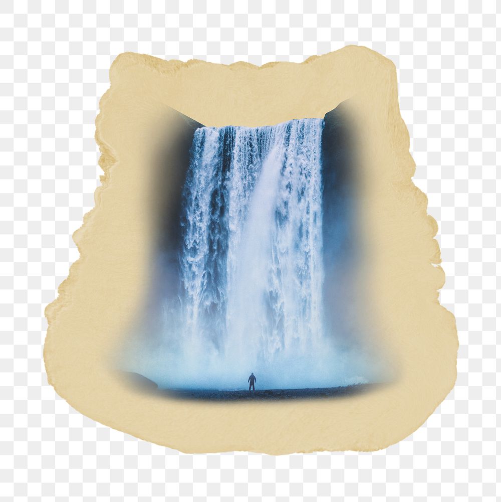 Waterfall png sticker, ripped paper, transparent background