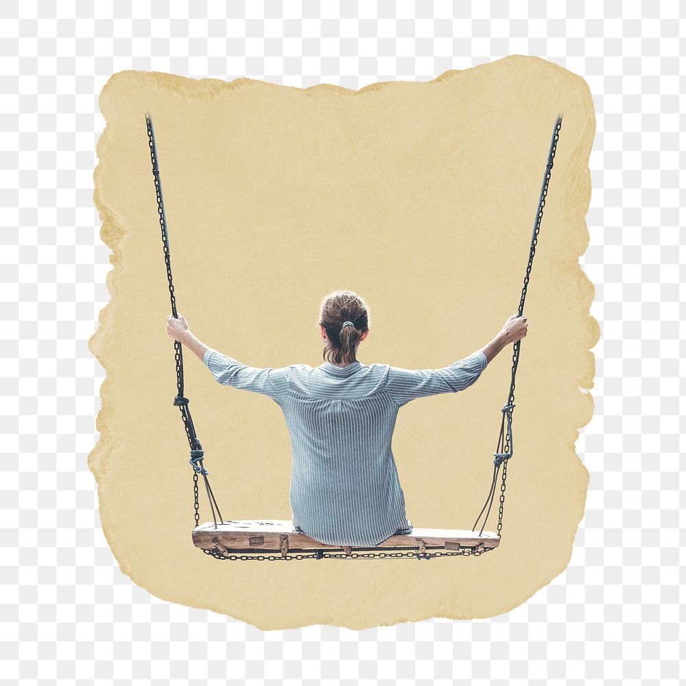 Woman on swing png sticker, ripped paper, transparent background