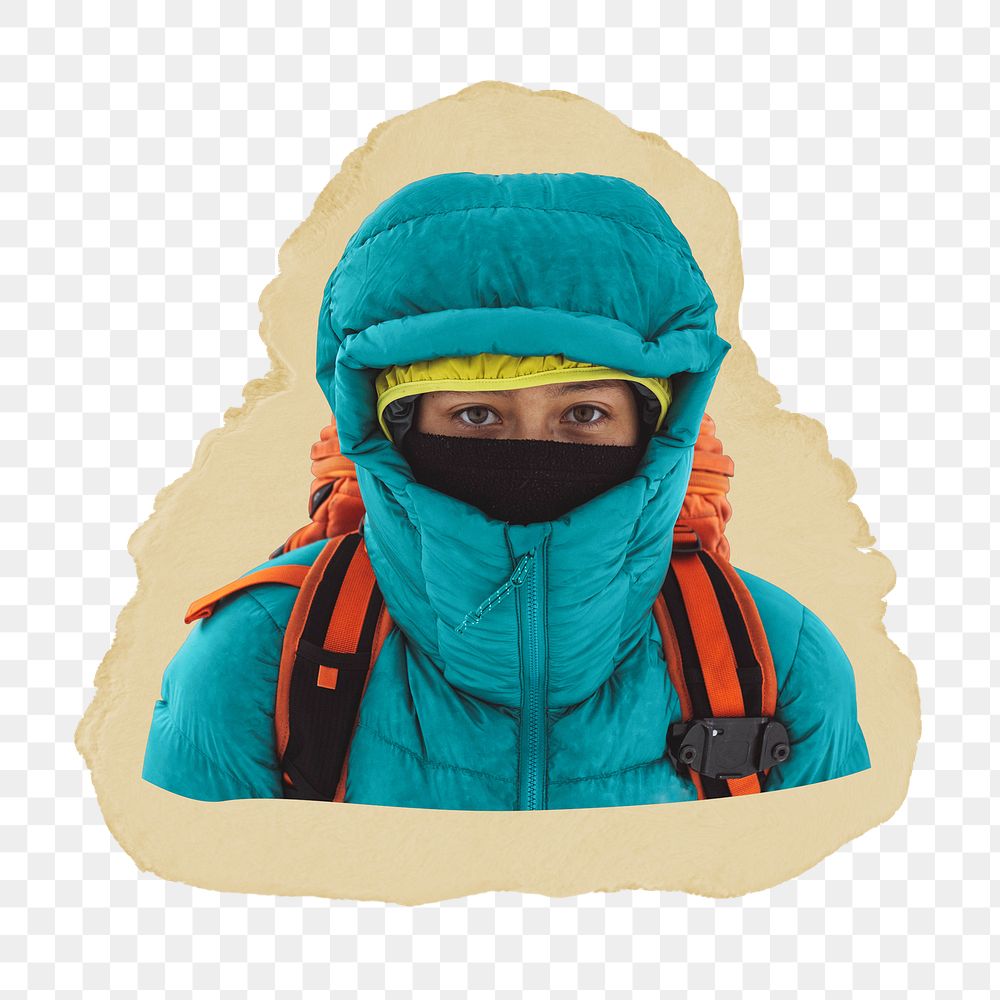 Woman mountaineer png sticker, ripped paper, transparent background