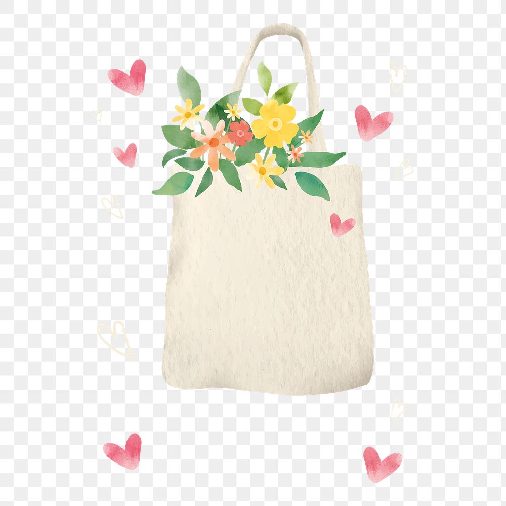Png flower tote bag sticker, watercolor, transparent background