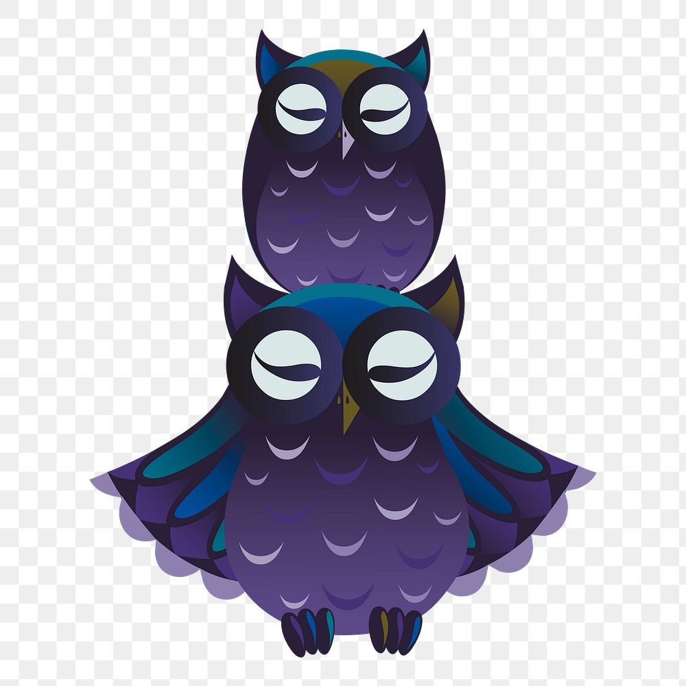 PNG sleeping owls, animal sticker, Glitch game illustration, transparent background. Free public domain CC0 image.