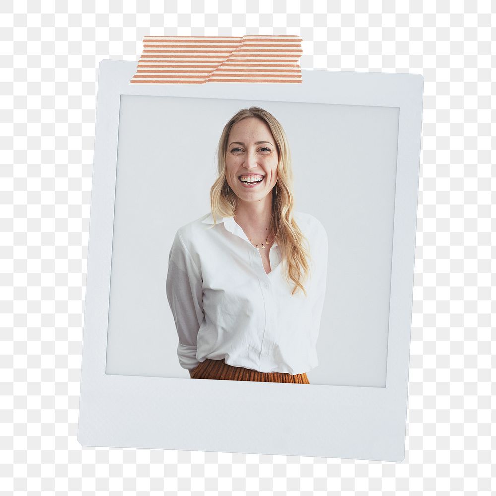 Cheerful businesswoman png instant photo, small business owner on transparent background