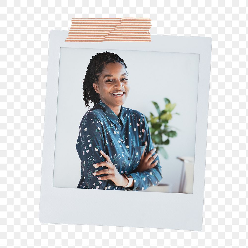Successful businesswoman png instant photo, women empowerment on transparent background