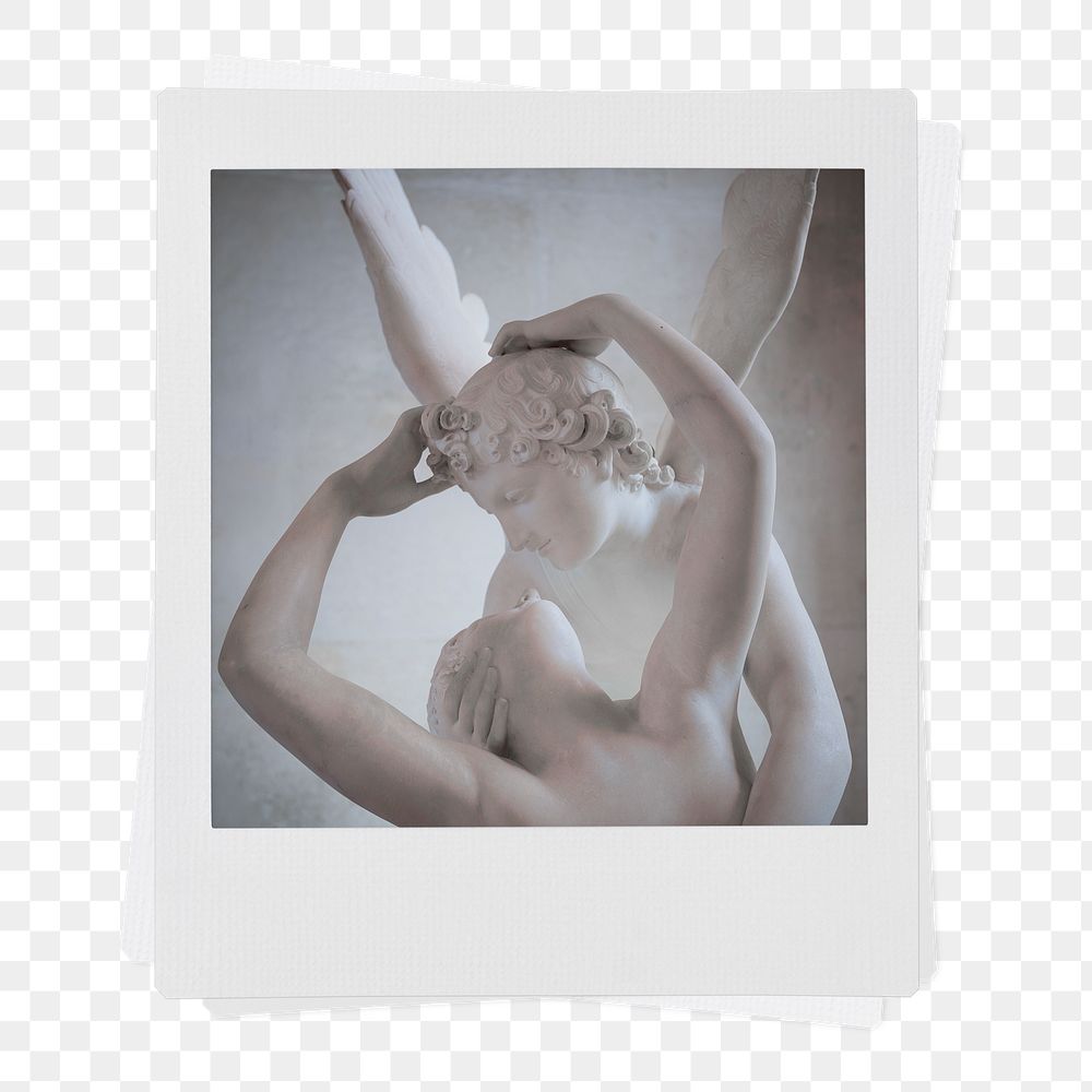 Greek couple png statue kissing sticker, instant photo on transparent background