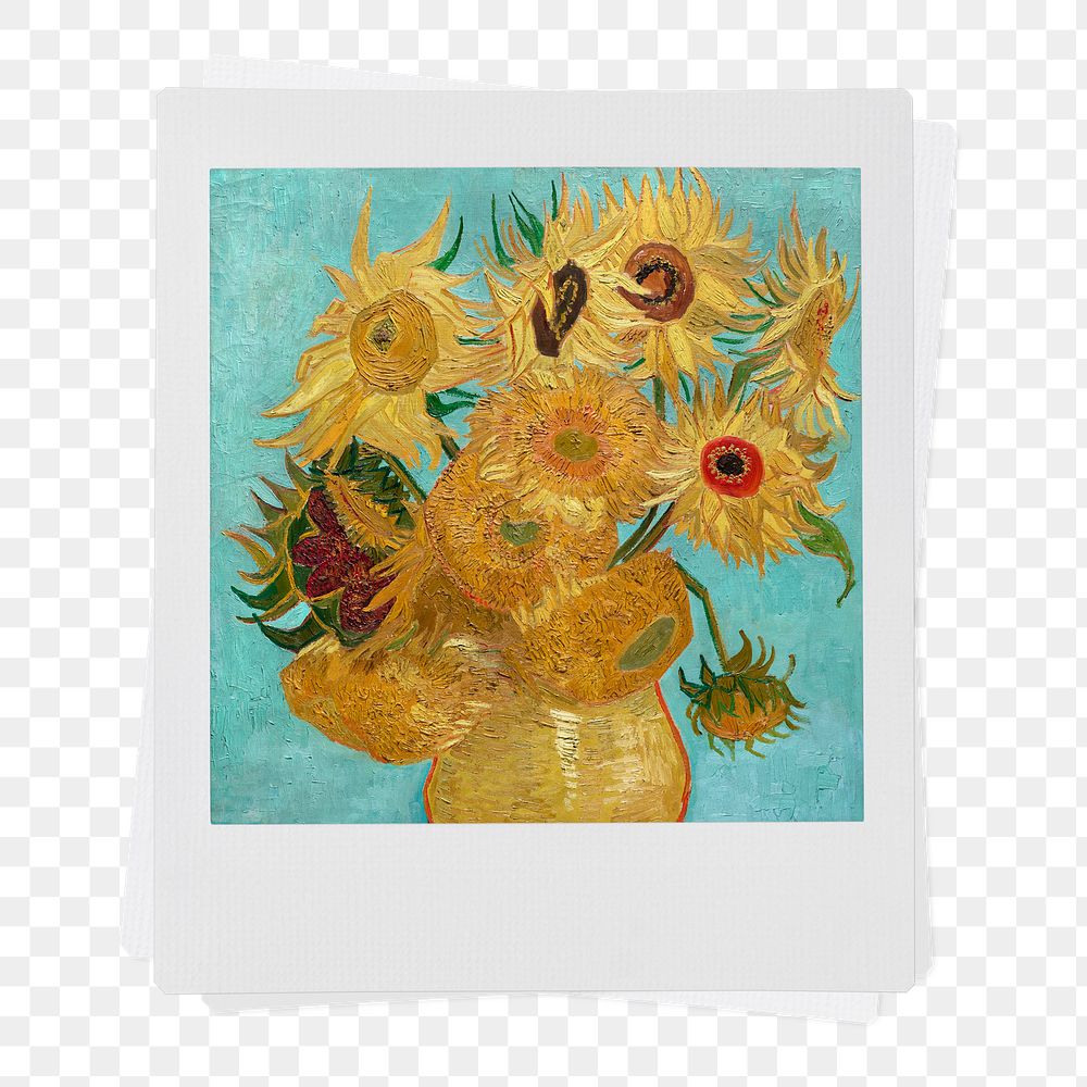Png Vincent Van Gogh's Twelve Sunflowers instant photo, transparent background, remixed by rawpixel