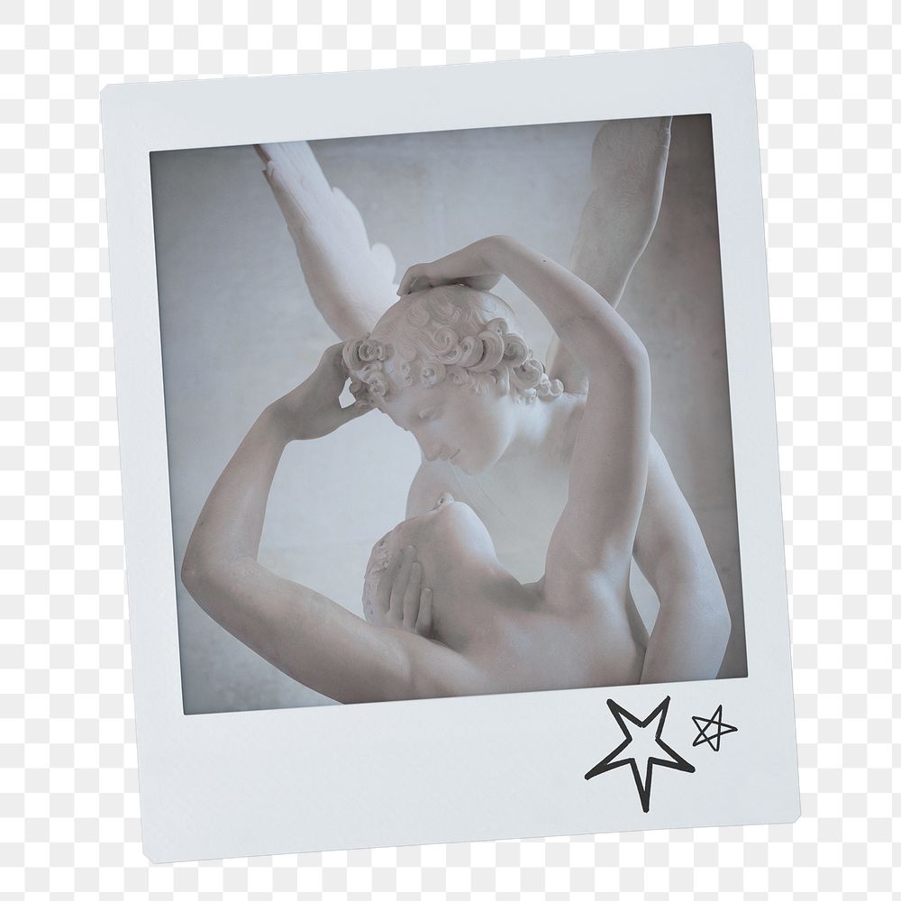 Greek couple png statue kissing sticker, instant photo on transparent background