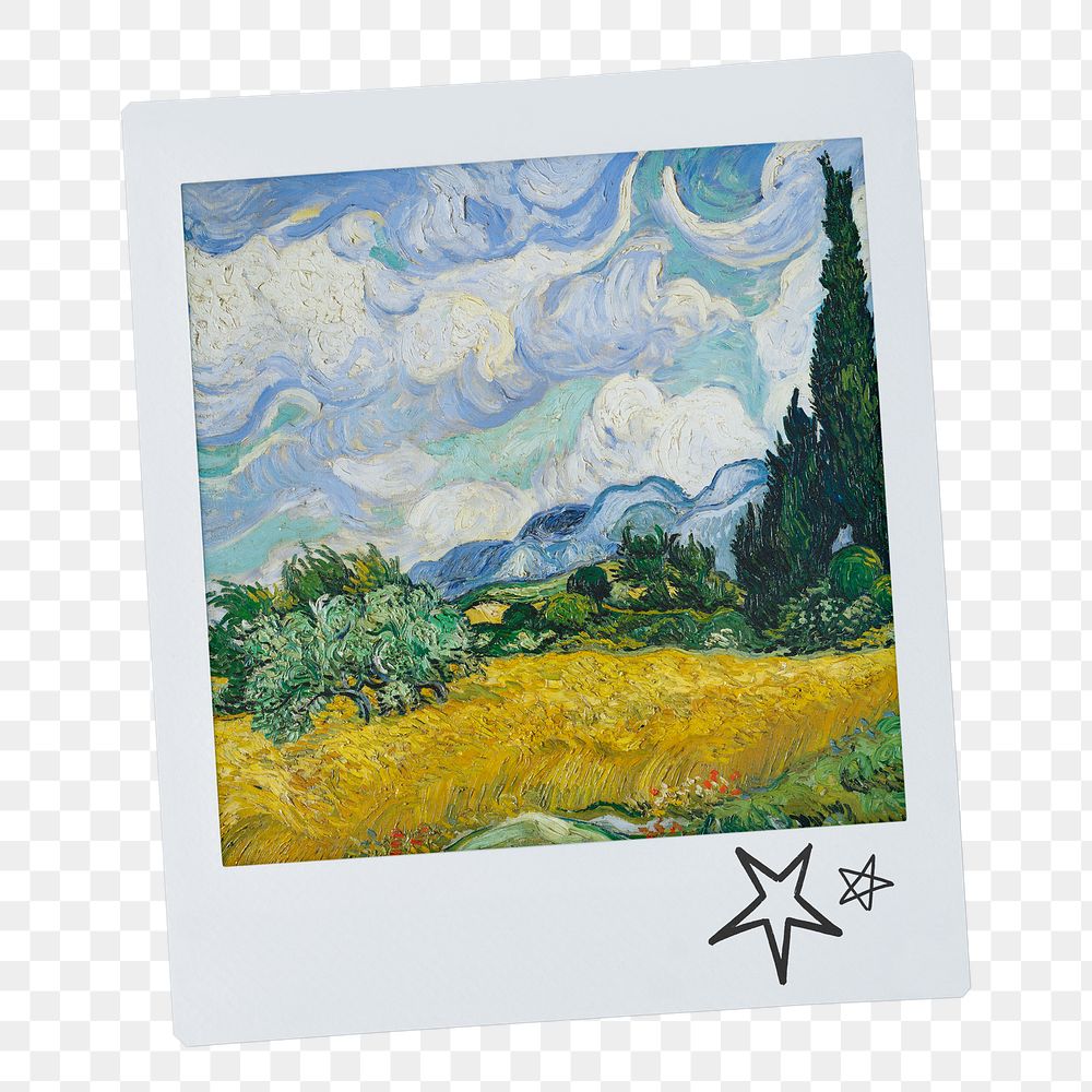 Png Vincent Van Gogh's famous painting, Wheat Field with Cypresses instant photo, transparent background, remixed by rawpixel