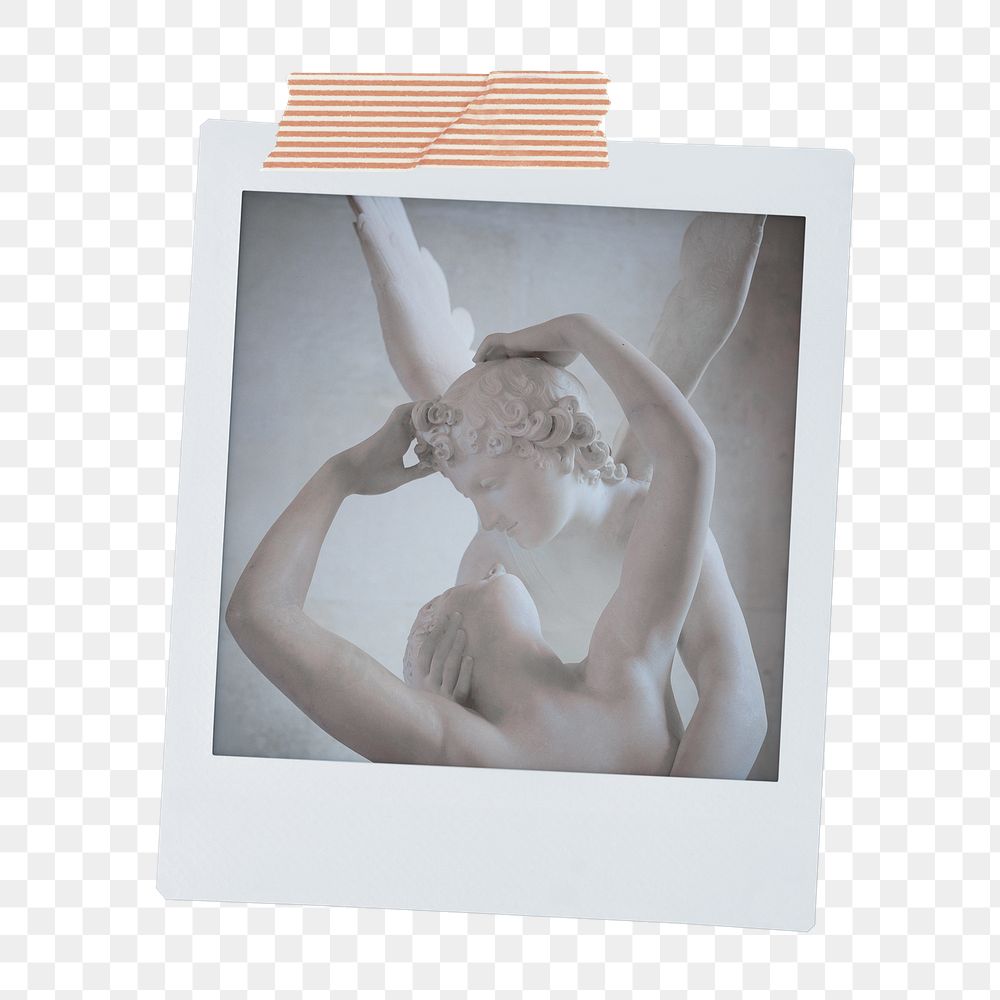 Greek couple png statue kissing sticker, instant photo on transparent background