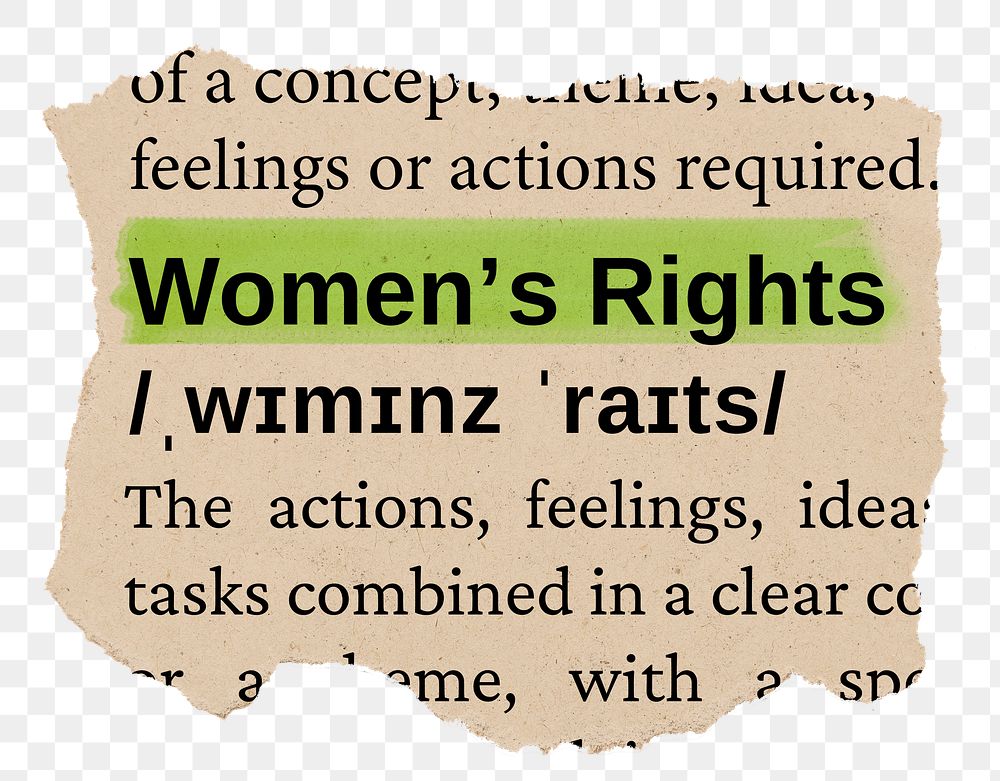 Women's rights png word sticker, torn paper dictionary, transparent background