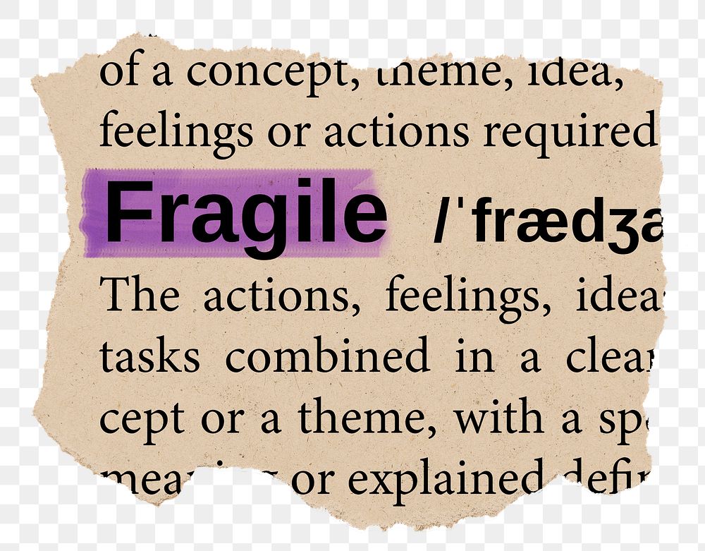 Fragile png word sticker, torn paper dictionary, transparent background