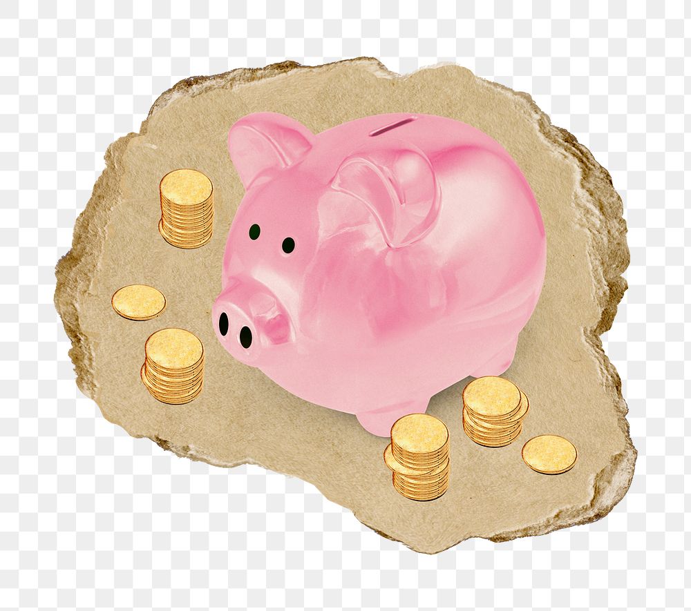 Piggy bank png sticker, ripped paper, transparent background