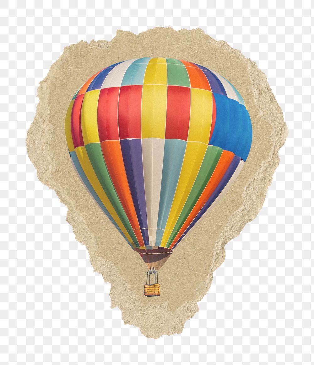 Hot air balloon png sticker, ripped paper, transparent background