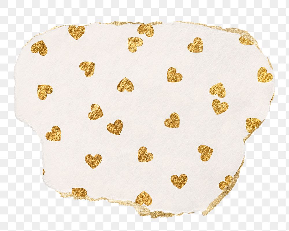 Gold heart png pattern sticker, ripped paper transparent background