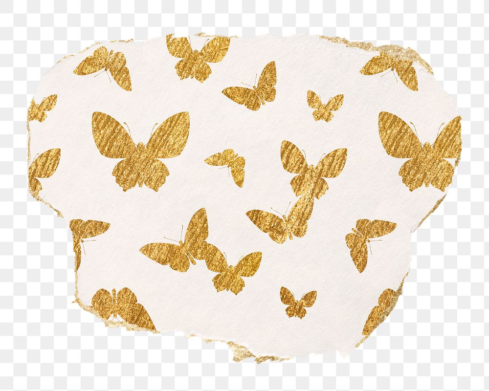 Gold butterfly png pattern sticker, torn paper transparent background