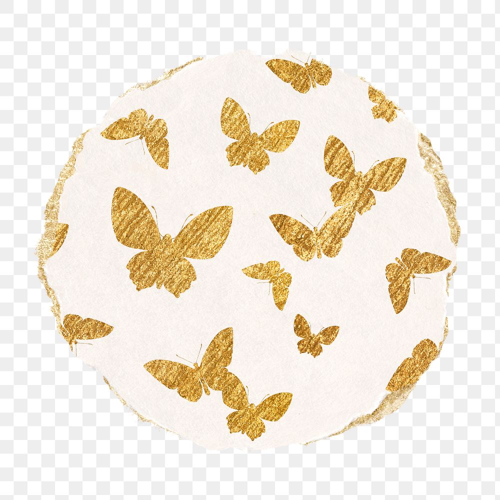 Gold butterfly png pattern sticker, ripped paper transparent background