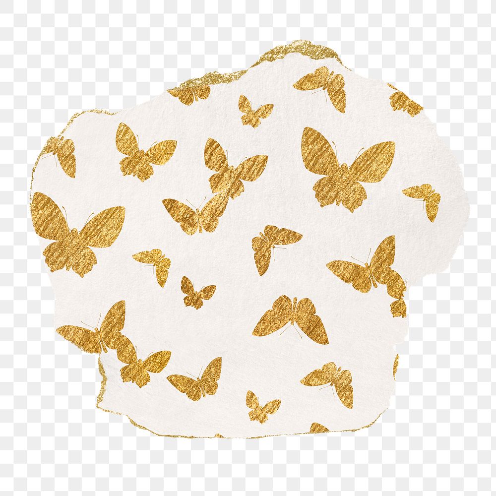 Gold butterfly png pattern sticker, ripped paper transparent background