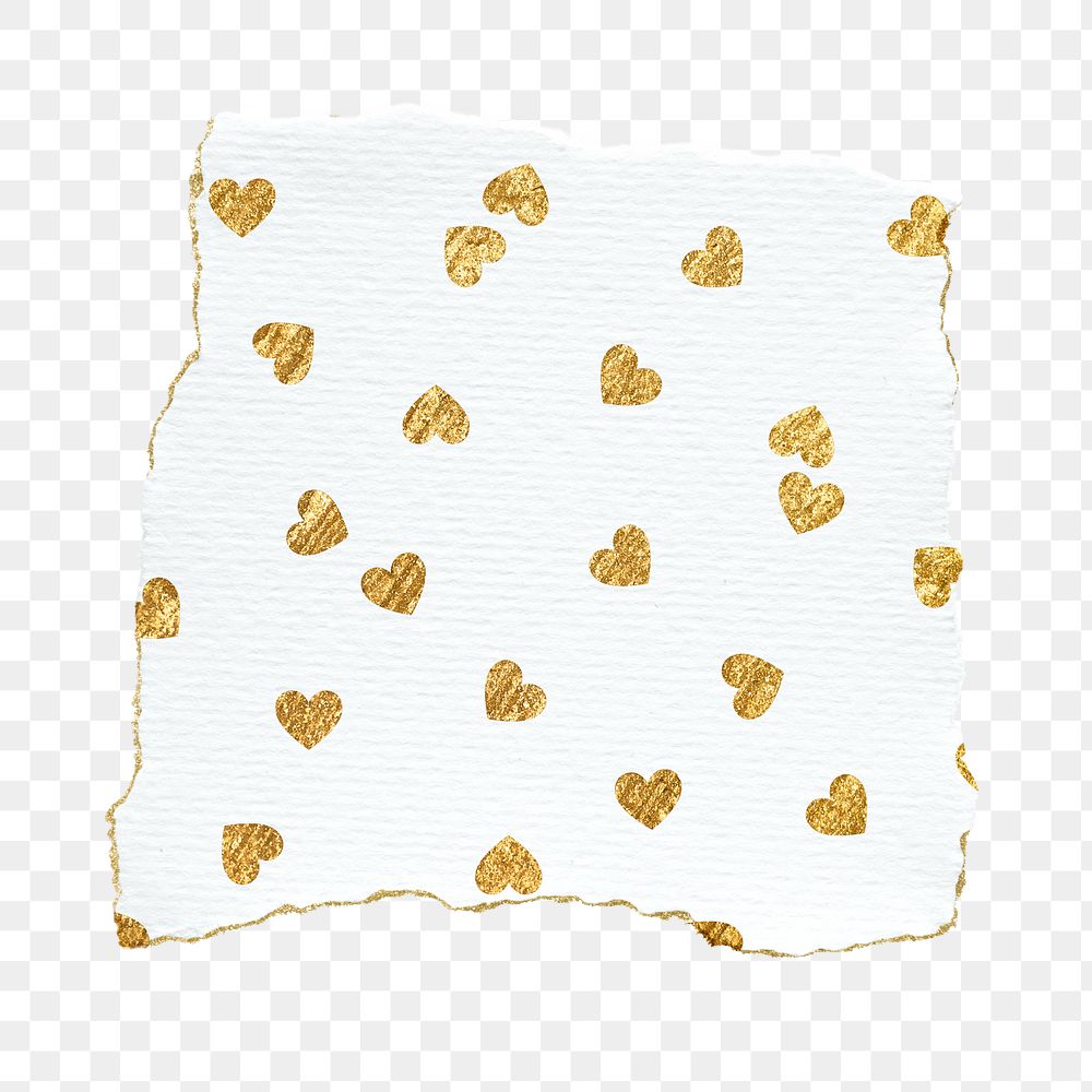 Gold heart png pattern sticker, ripped paper transparent background
