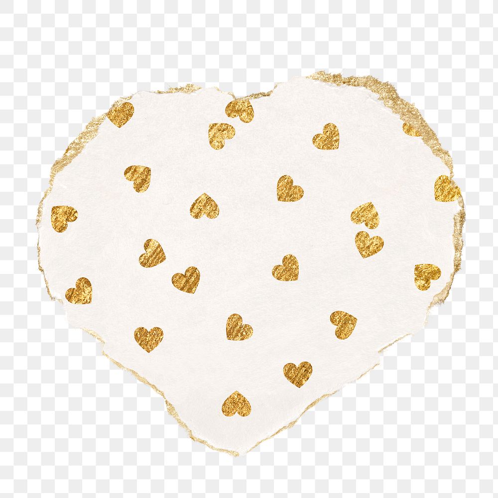 Gold heart png pattern sticker, ripped paper transparent background