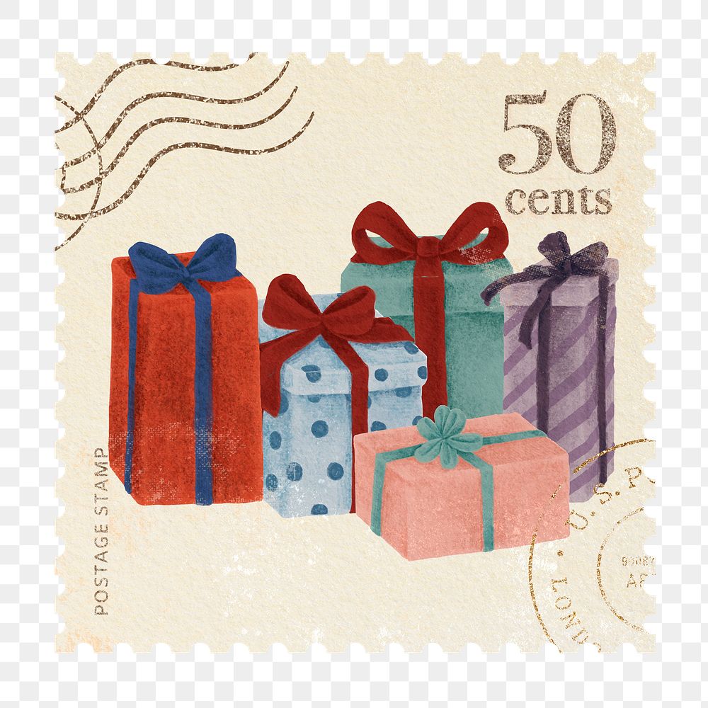Postage stamp png Christmas presents sticker, transparent background