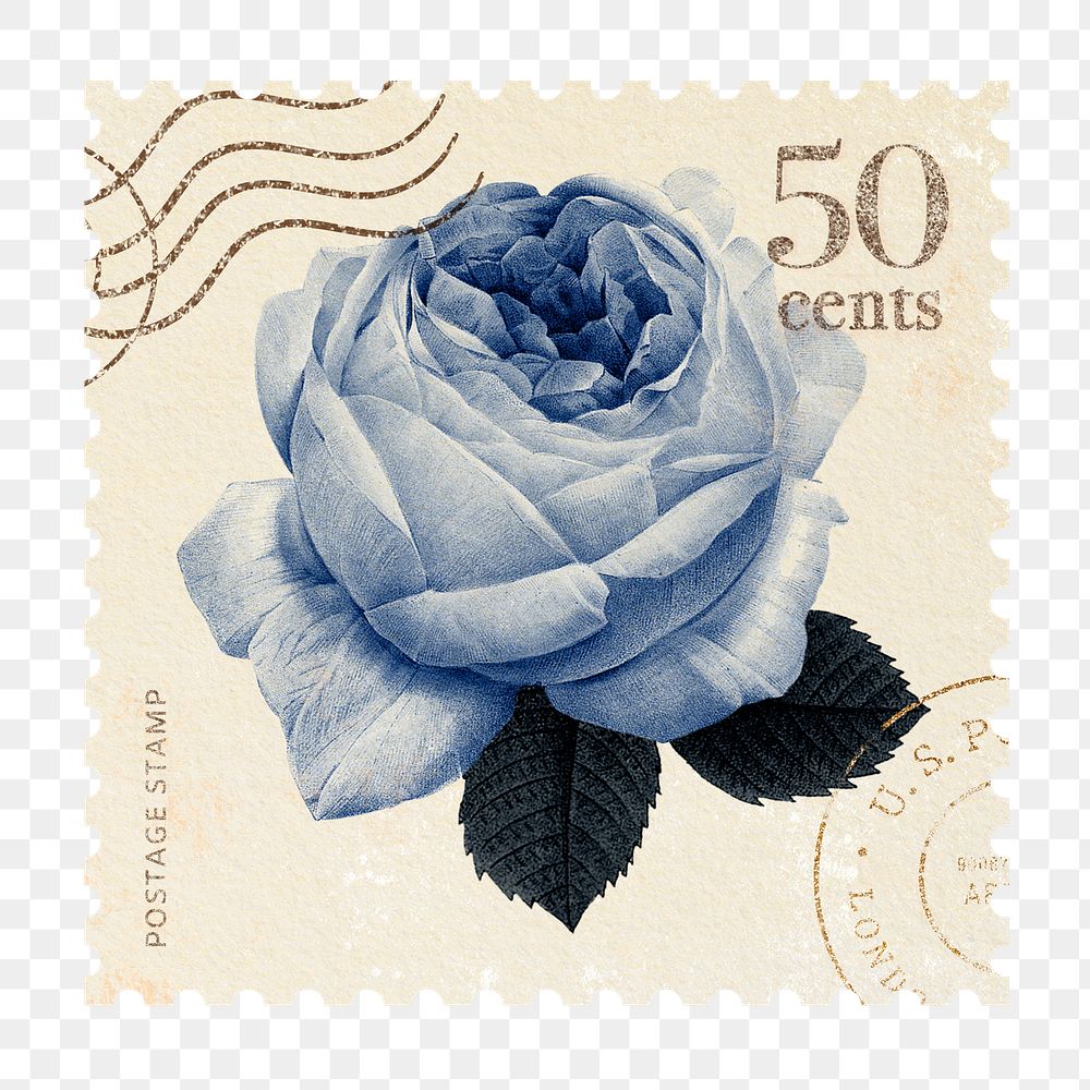 Png rose postage stamp sticker, vintage flower, transparent background
