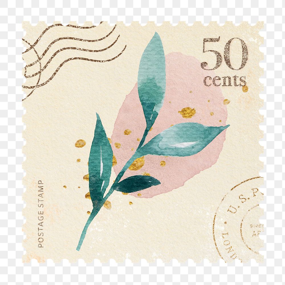 Watercolour leaves png postage stamp sticker, bullet journal, transparent background