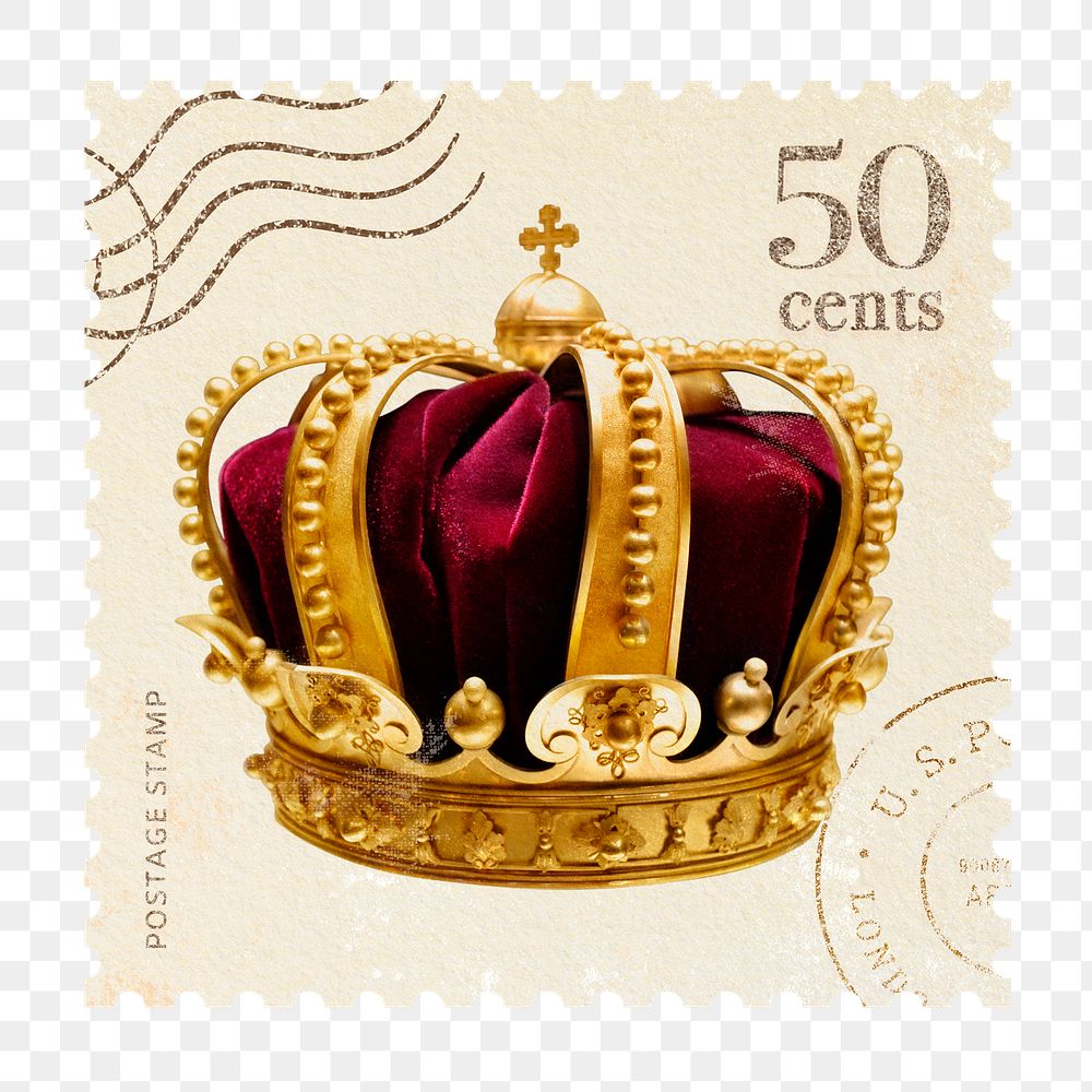 Png crown postage stamp sticker, realistic design, transparent background