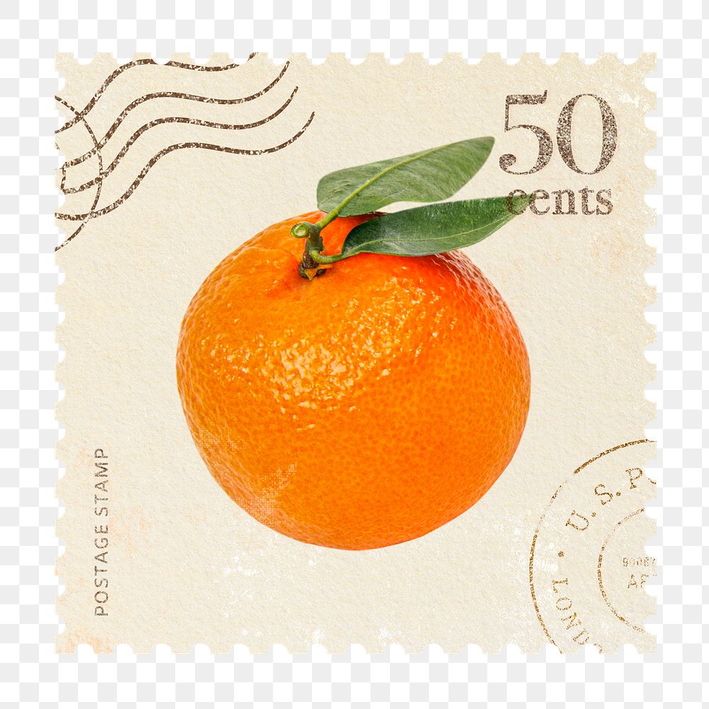 Png orange postage stamp sticker, realistic design, transparent background 