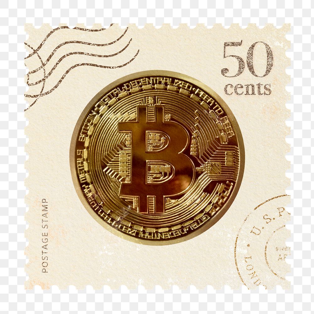 Png bitcoin postage stamp sticker, realistic design, transparent background 