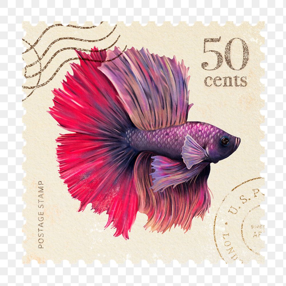 Png fish post stamp sticker, hand drawn design, transparent background