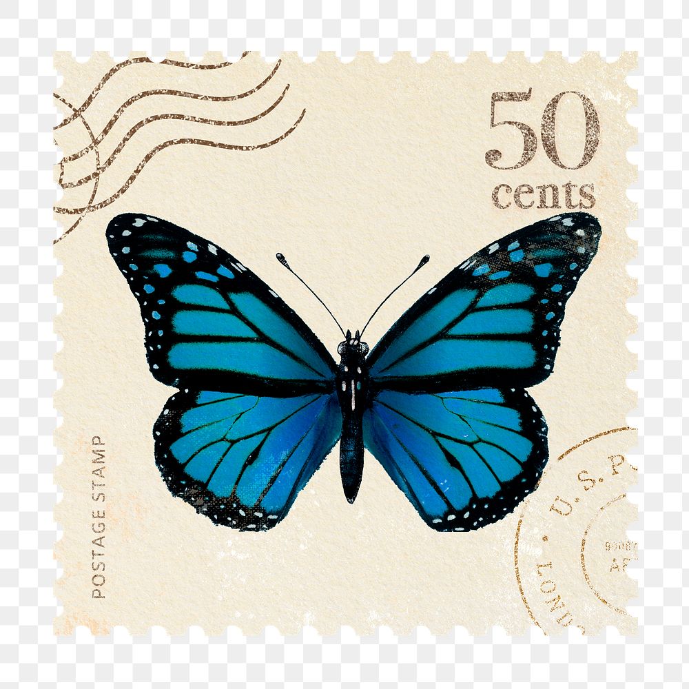 Png butterfly post stamp sticker, hand drawn design, transparent background