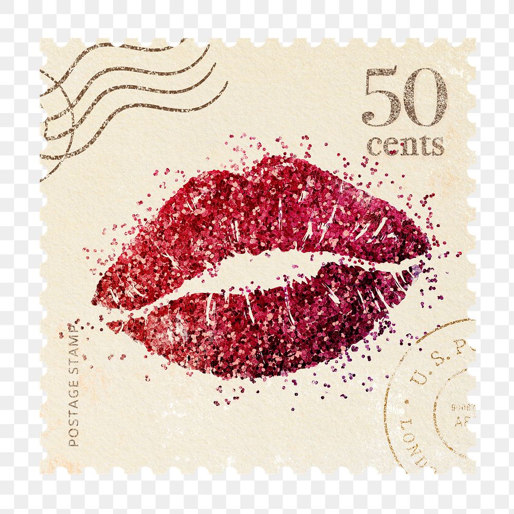 Glitter png postage stamp sticker, lips, transparent background 